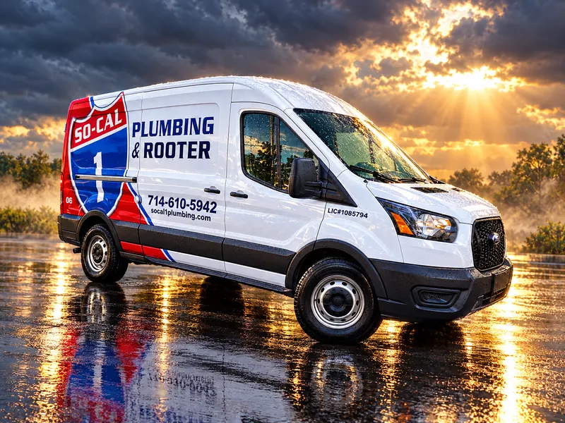 Illustration of a So-Cal 1 Plumbing & Rooter service van on a wet street