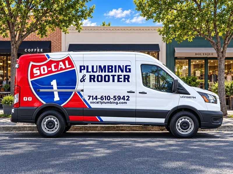 Illustration of a So-Cal 1 Plumbing & Rooter service van on a shopping street