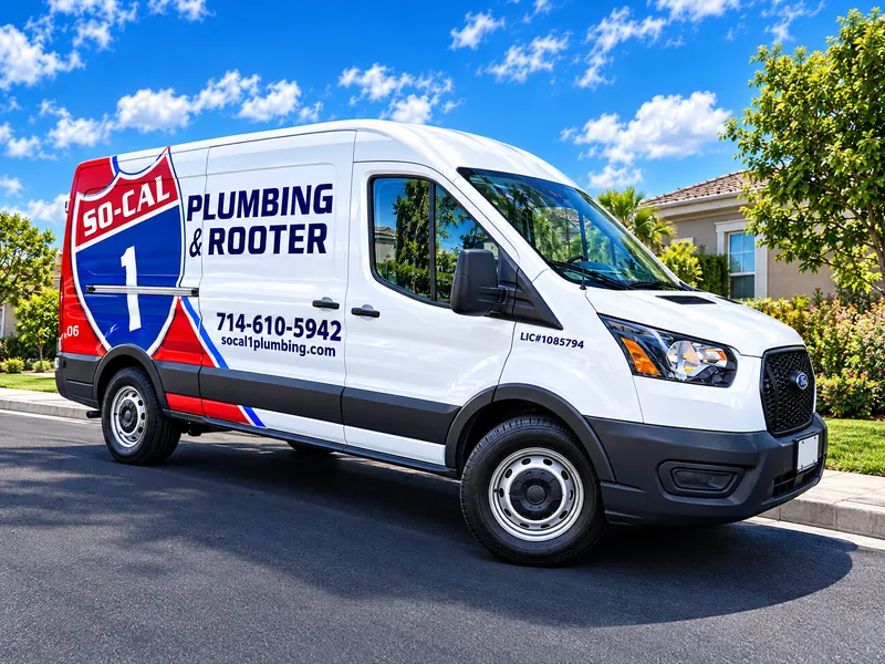 Illustration of a So-Cal 1 Plumbing & Rooter service van parked at a home