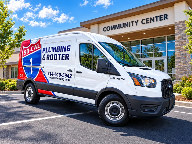 Illustration of a So-Cal 1 Plumbing & Rooter service van outside a community building