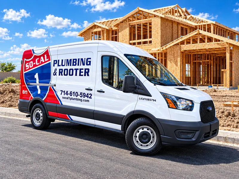 Illustration of a So-Cal 1 Plumbing & Rooter service van at a house under construction