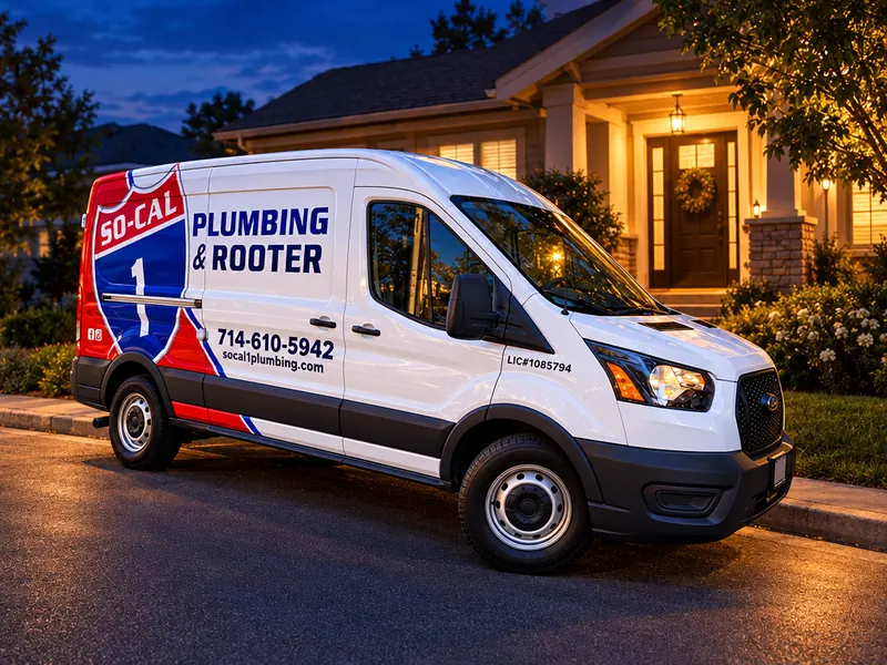 Illustration of a So-Cal 1 Plumbing & Rooter service van outside a house at dusk