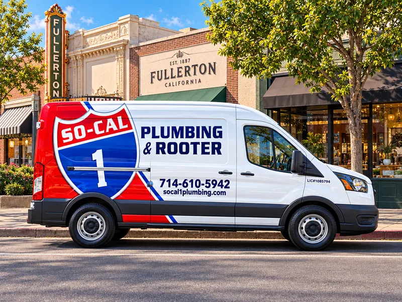 Illustration of a So-Cal 1 Plumbing & Rooter service van on a downtown street