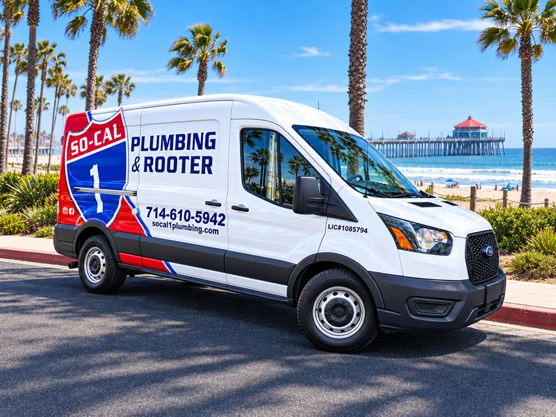 Illustration of a So-Cal 1 Plumbing & Rooter service van near a pier