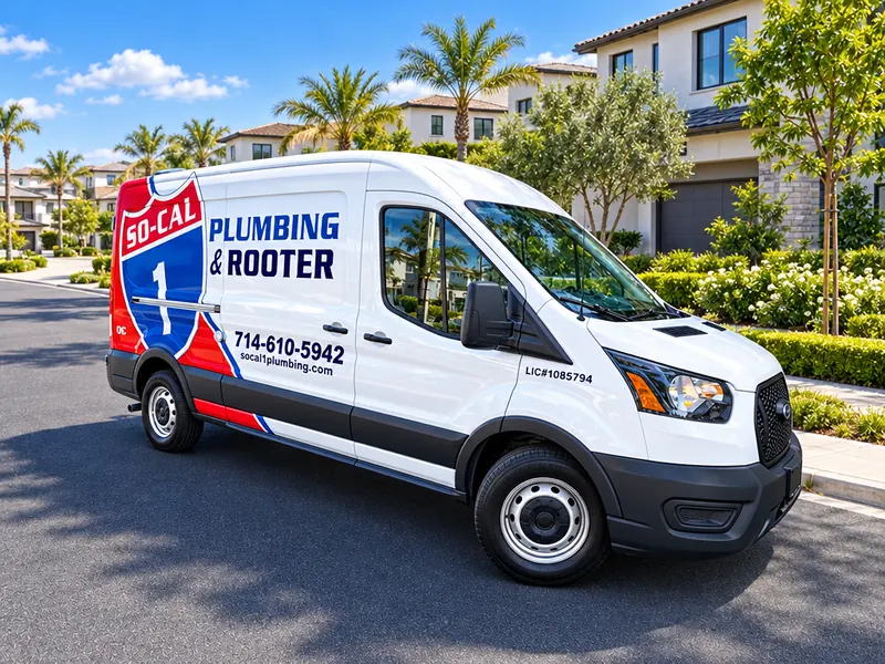 Illustration of a So-Cal 1 Plumbing & Rooter service van in a planned community