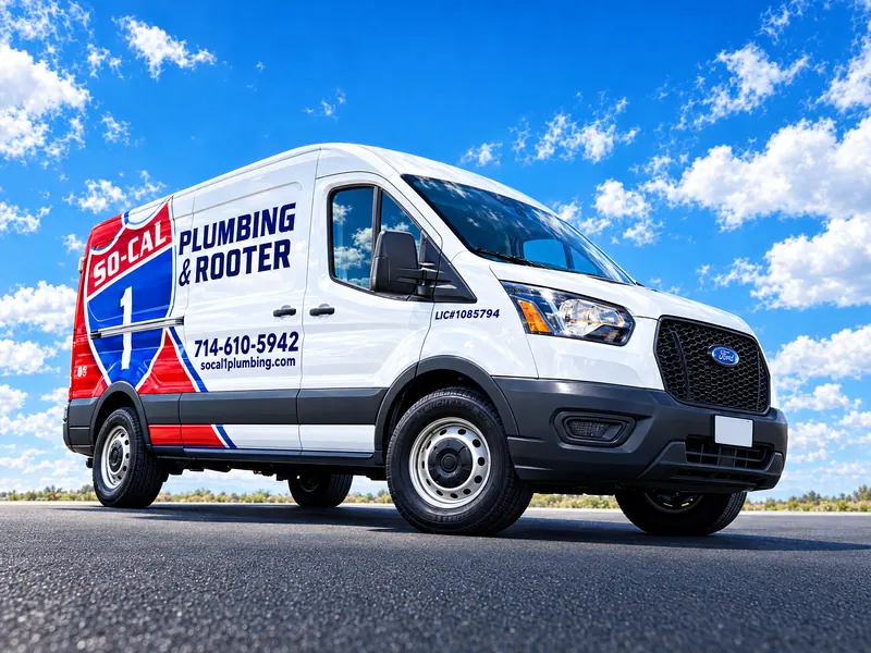 Illustration of a So-Cal 1 Plumbing & Rooter service van, low angle