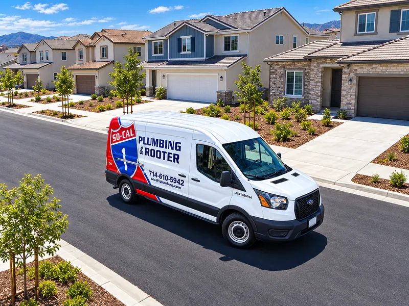 Illustration of a So-Cal 1 Plumbing & Rooter service van on a street of newer homes