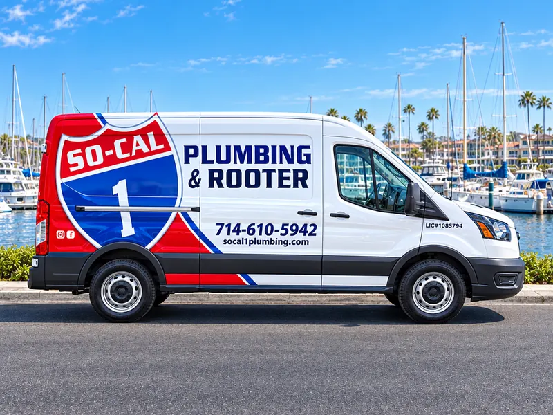 Illustration of a So-Cal 1 Plumbing & Rooter service van beside a harbor