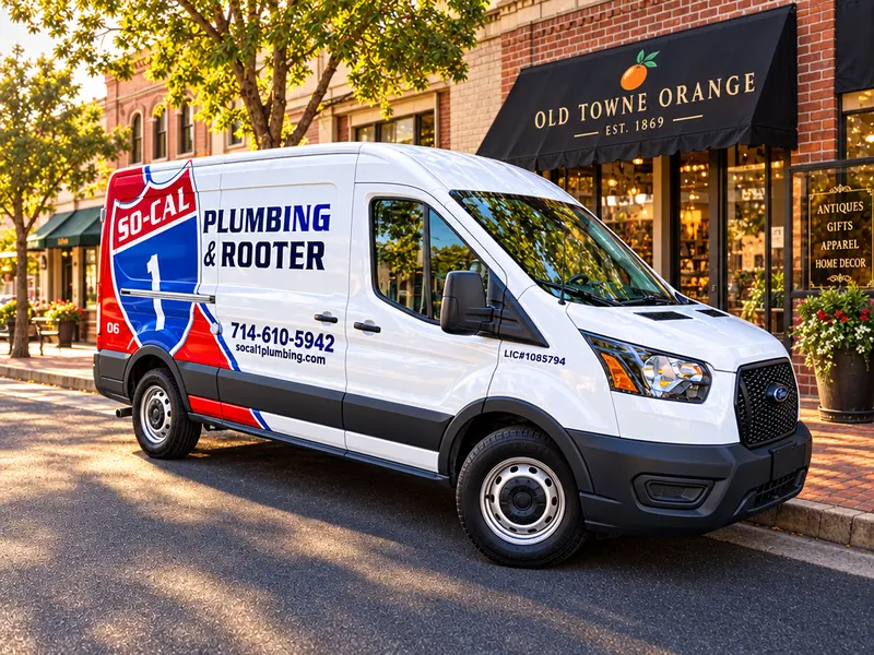 Illustration of a So-Cal 1 Plumbing & Rooter service van on an old-town street