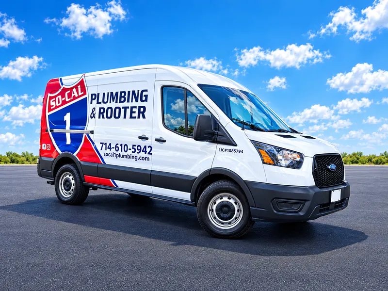 Illustration of a So-Cal 1 Plumbing & Rooter service van, three-quarter front view