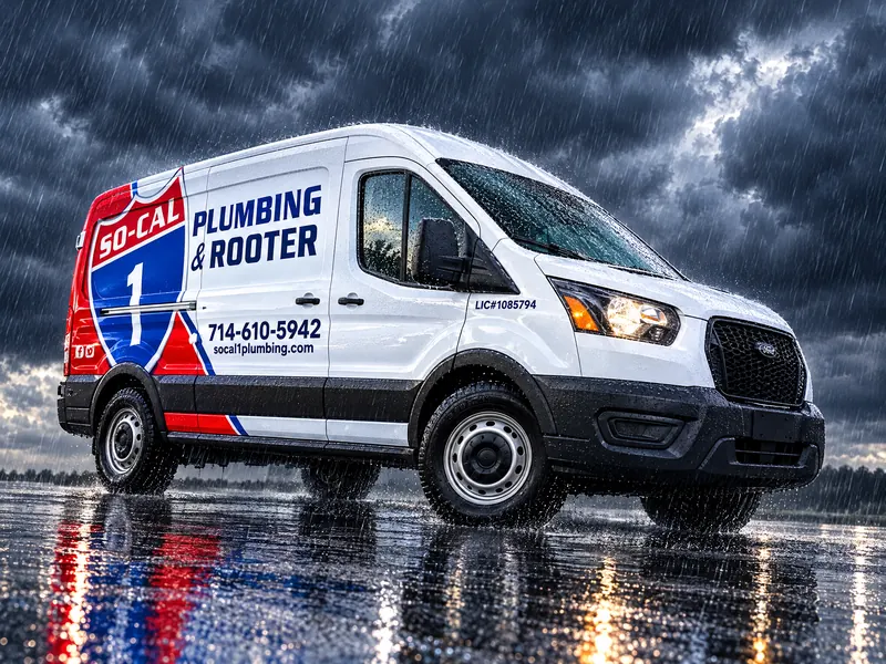 Illustration of a So-Cal 1 Plumbing & Rooter service van in heavy rain