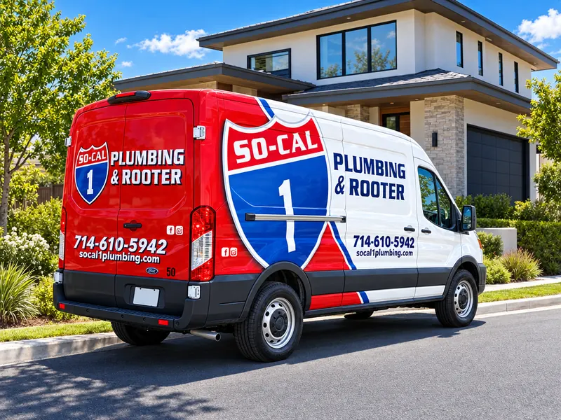 Illustration of a So-Cal 1 Plumbing & Rooter service van, rear view, at a home