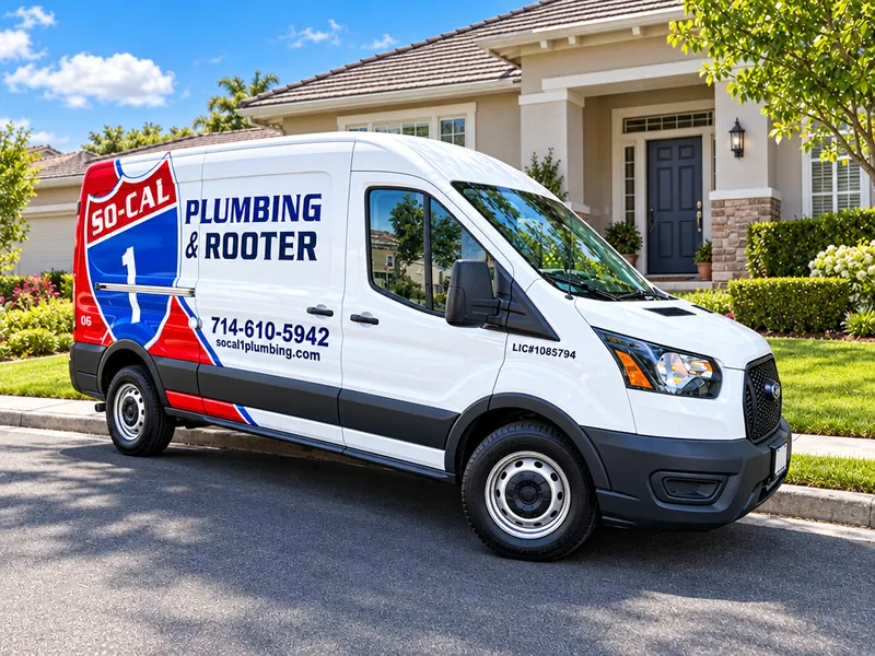 Illustration of a So-Cal 1 Plumbing & Rooter service van outside a house