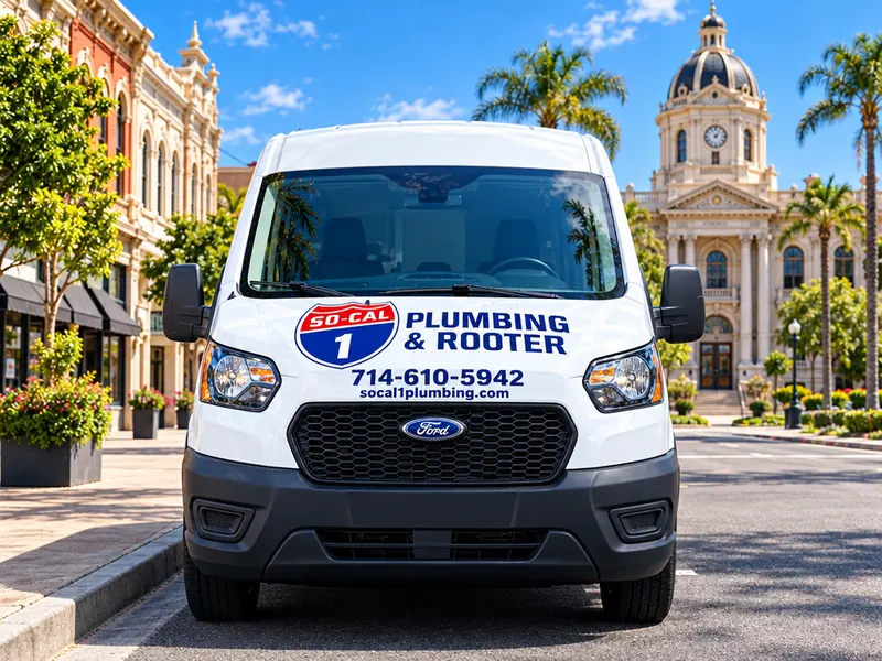 Illustration of a So-Cal 1 Plumbing & Rooter service van on a civic plaza
