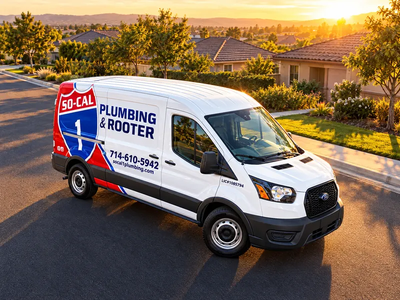Illustration of a So-Cal 1 Plumbing & Rooter service van on a residential street