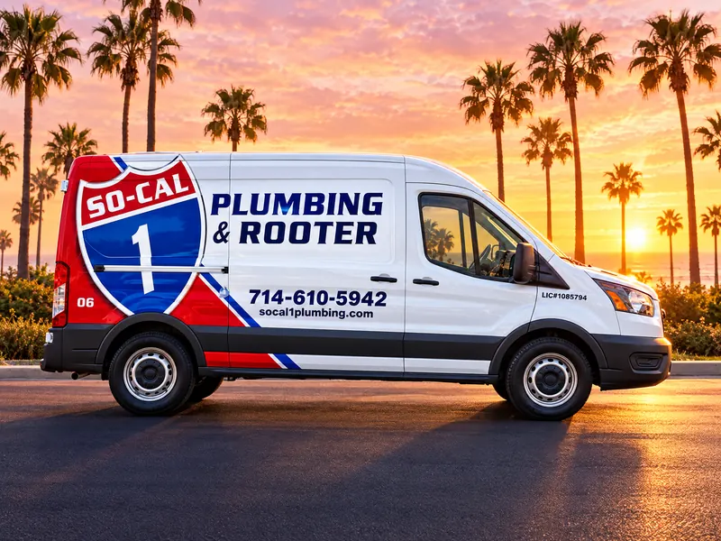 Illustration of a So-Cal 1 Plumbing & Rooter service van at sunrise