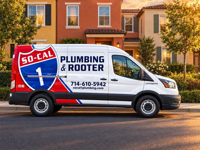 Illustration of a So-Cal 1 Plumbing & Rooter service van outside townhomes